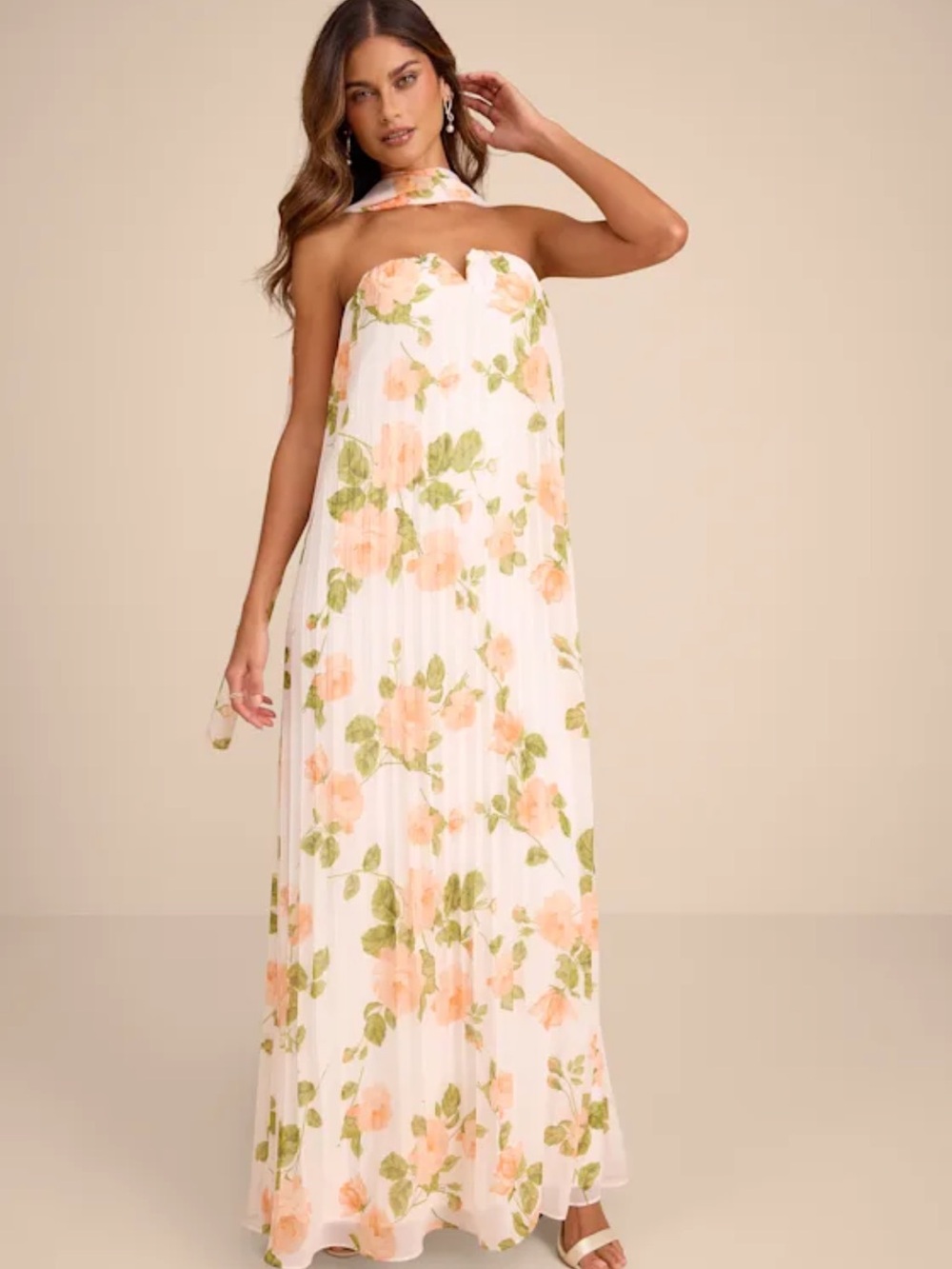Lael White Floral Pleated Strapless Dress and Scarf Set (lulus)